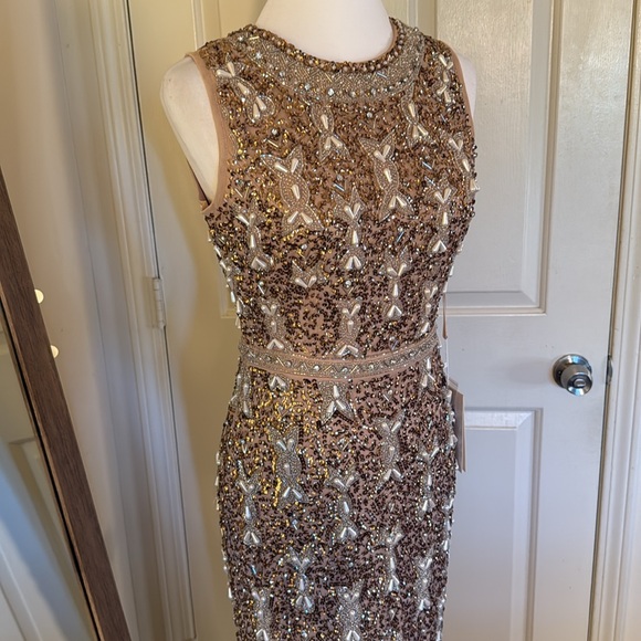 MAC DUGGALBeige Embellished High Neck Sleeveless A Line Dress